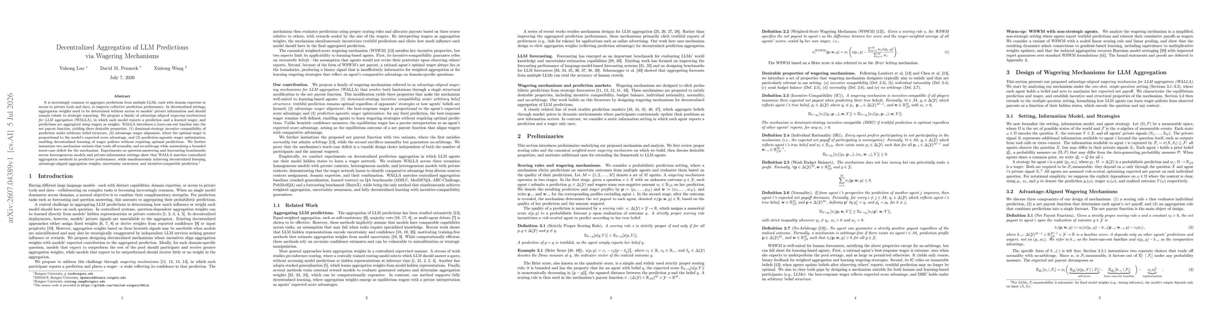 Thumbnail for Decentralized Aggregation of LLM Predictions via Wagering Mechanisms