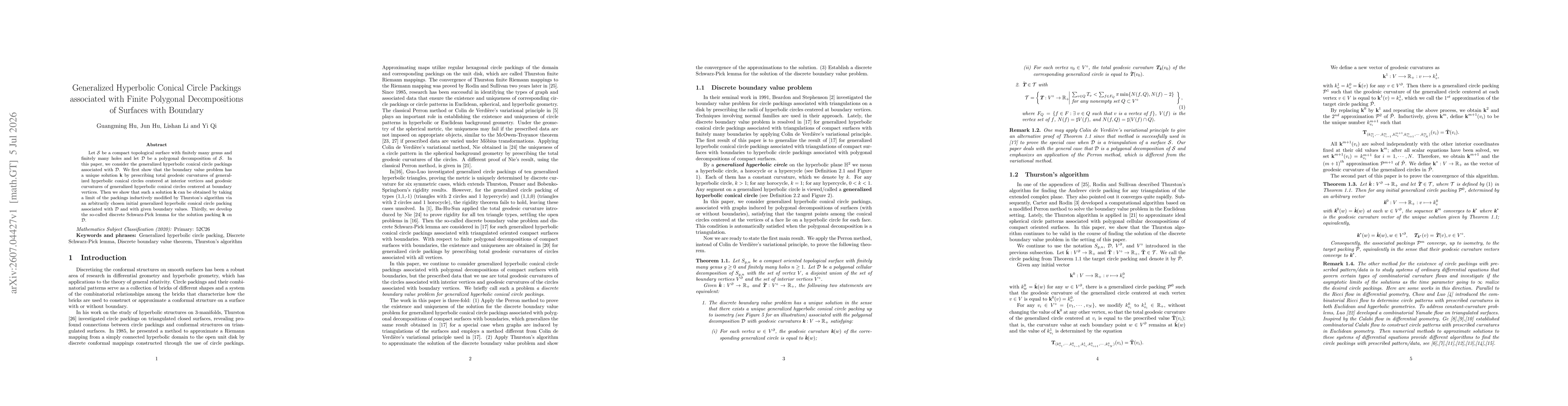 Thumbnail for Generalized Hyperbolic Conical Circle Packings associated with Finite Polygonal Decompositions of Surfaces with Boundary