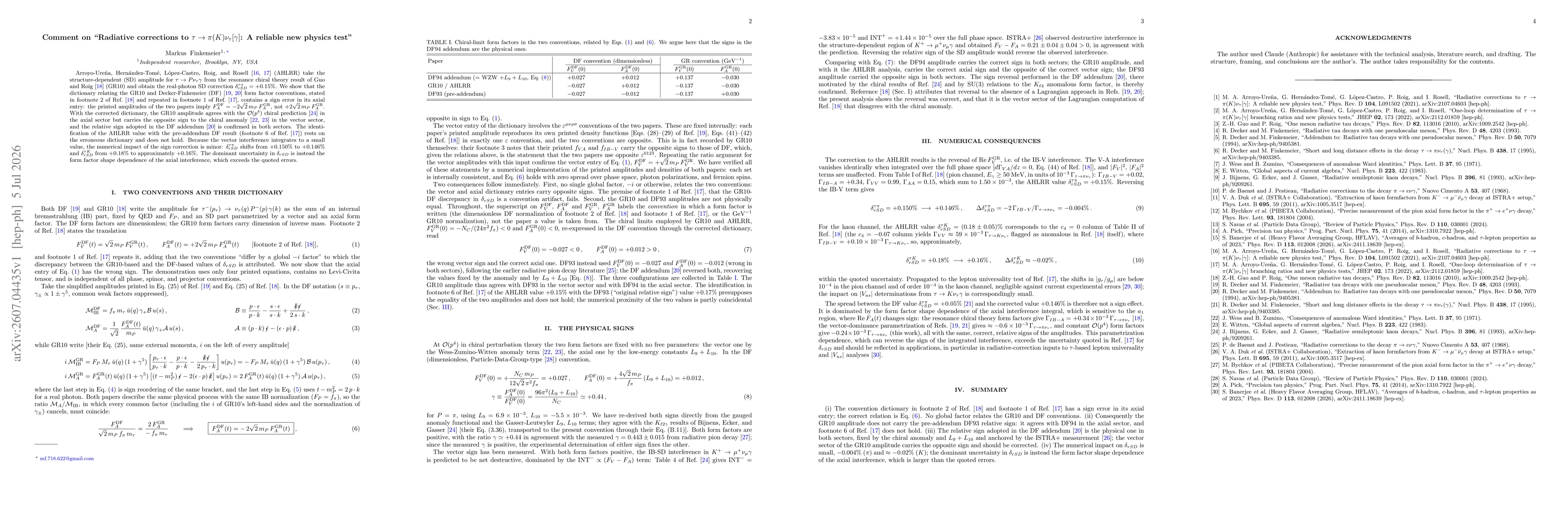 Thumbnail for Comment on "Radiative corrections to tau -> pi(K) nu_tau[gamma]: A reliable new physics test"