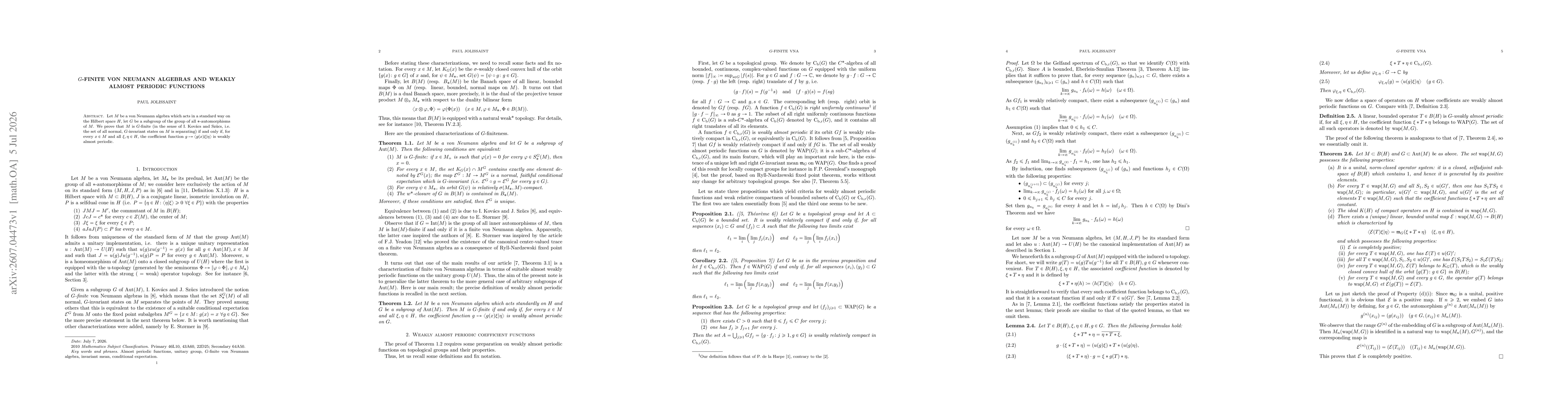 Thumbnail for $G$-finite von Neumann algebras and weakly almost periodic functions