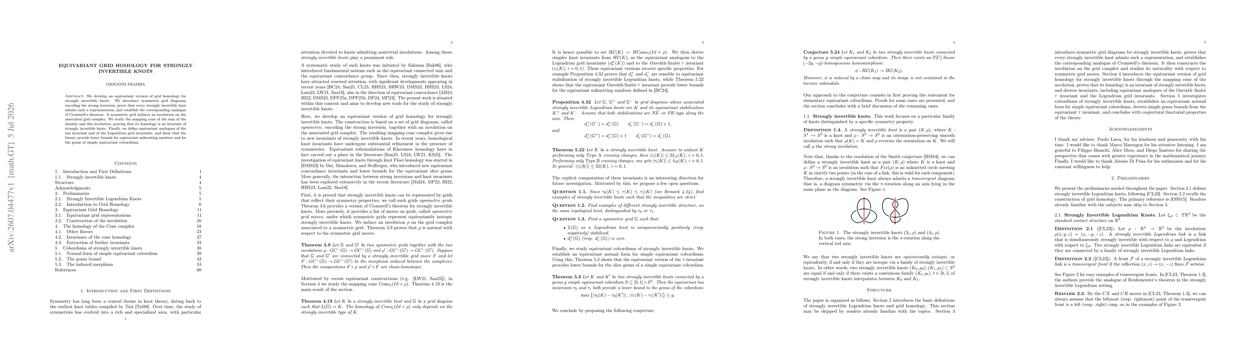 Thumbnail for Equivariant Grid Homology for Strongly Invertible Knots