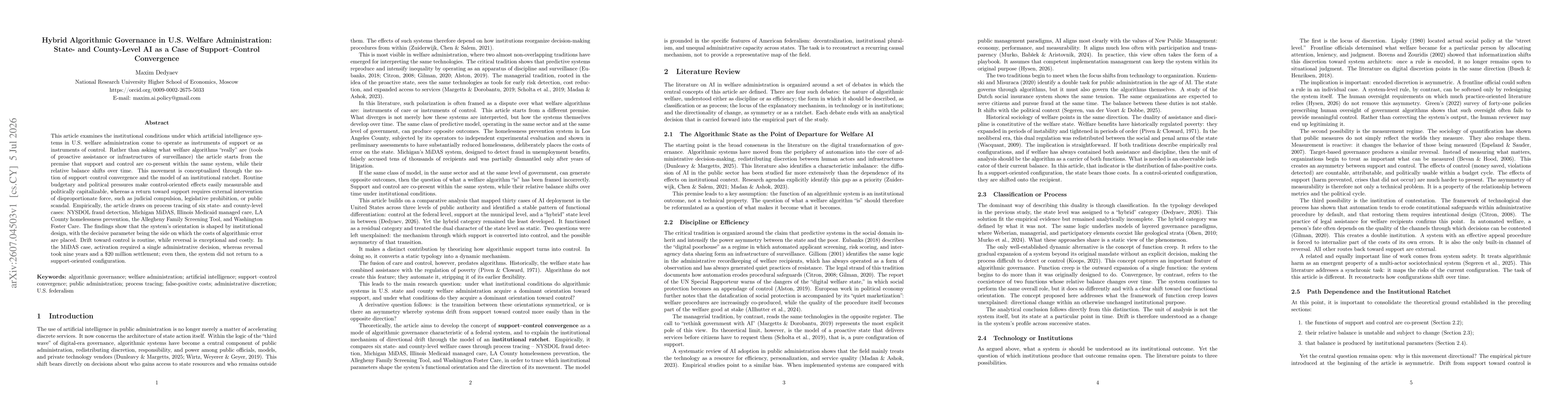Thumbnail for Hybrid Algorithmic Governance in U.S. Welfare Administration: State- and County-Level AI as a Case of Support-Control Convergence