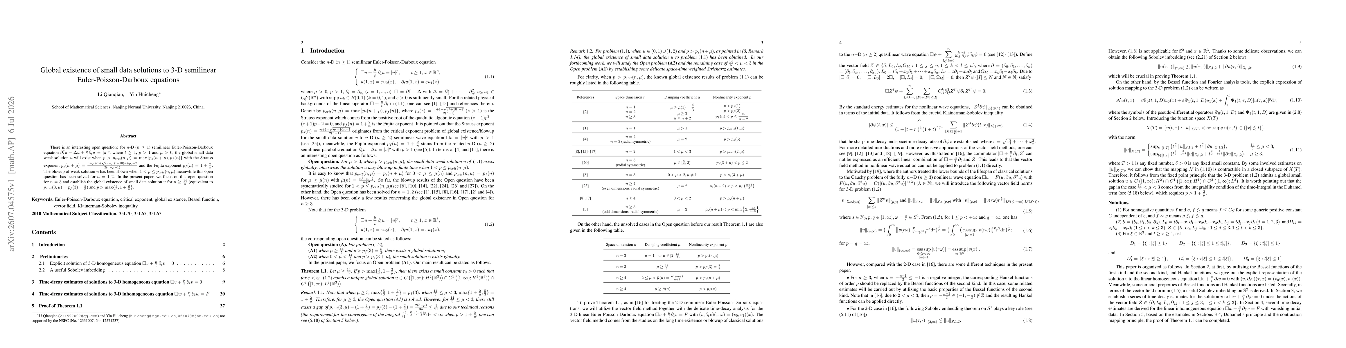 Thumbnail for Global existence of small data solutions to 3-D semilinear Euler-Poisson-Darboux equations