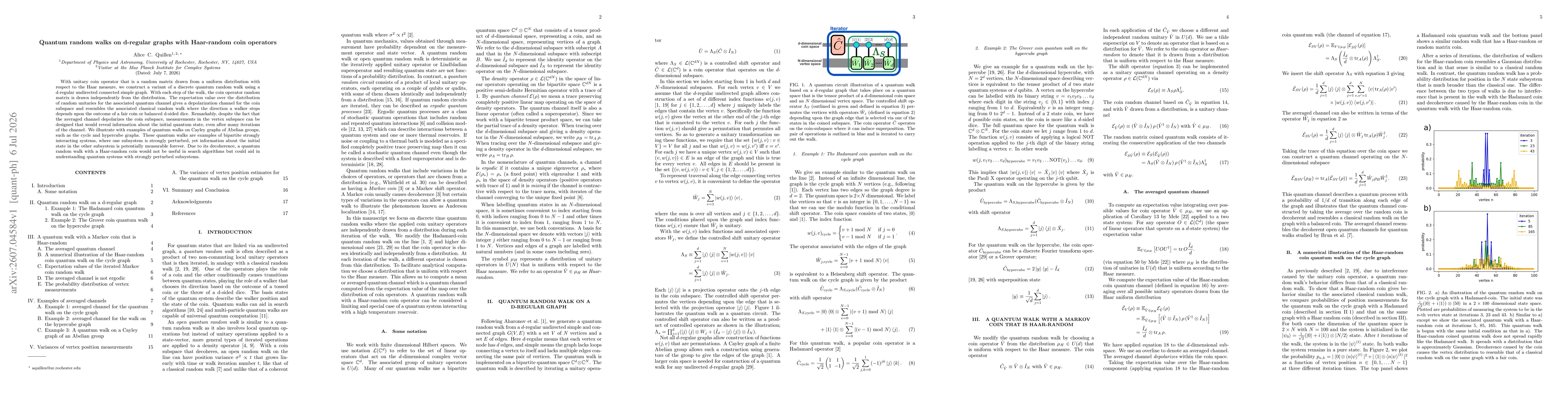 Thumbnail for Quantum random walks on d-regular graphs with Haar-random coin operators