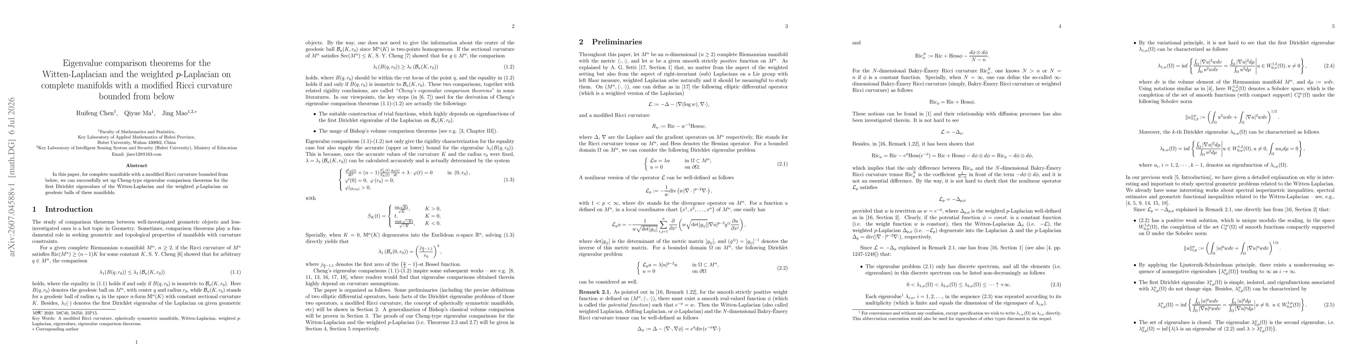 Thumbnail for Eigenvalue comparison theorems for the Witten-Laplacian and the weighted $p$-Laplacian on complete manifolds with a modified Ricci curvature bounded from below