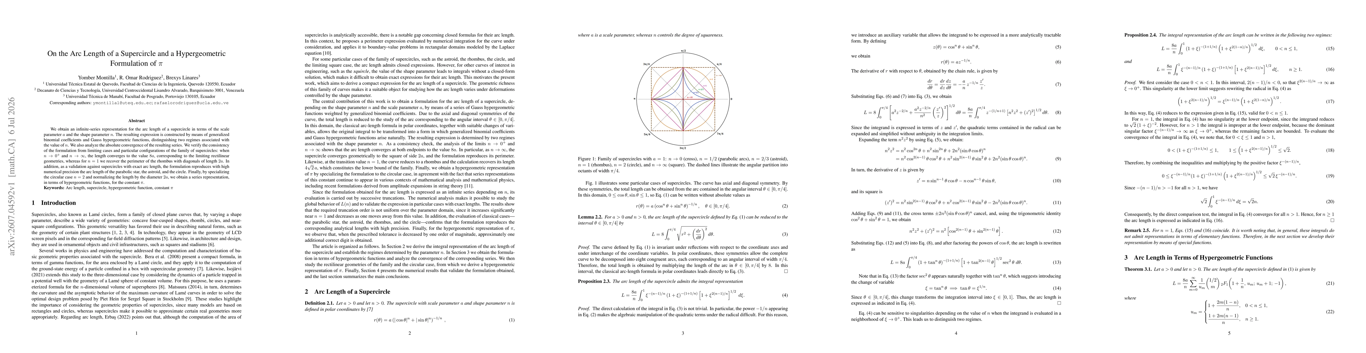 Thumbnail for On the Arc Length of a Supercircle and a Hypergeometric Formulation of $π$