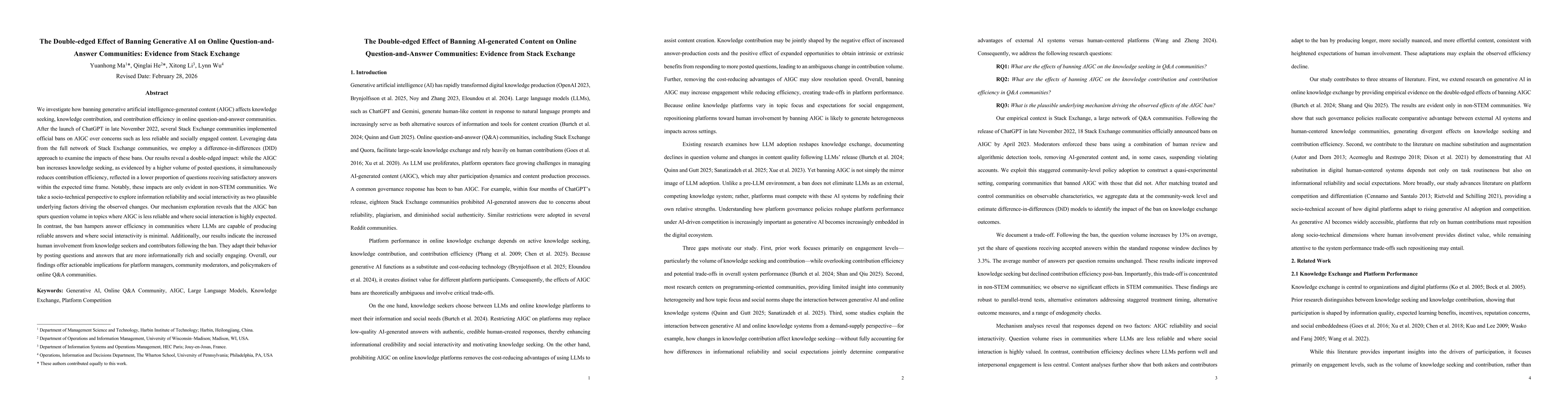 Thumbnail for The Double-edged Effect of Banning Generative AI on Online Question-and-Answer Communities: Evidence from Stack Exchange