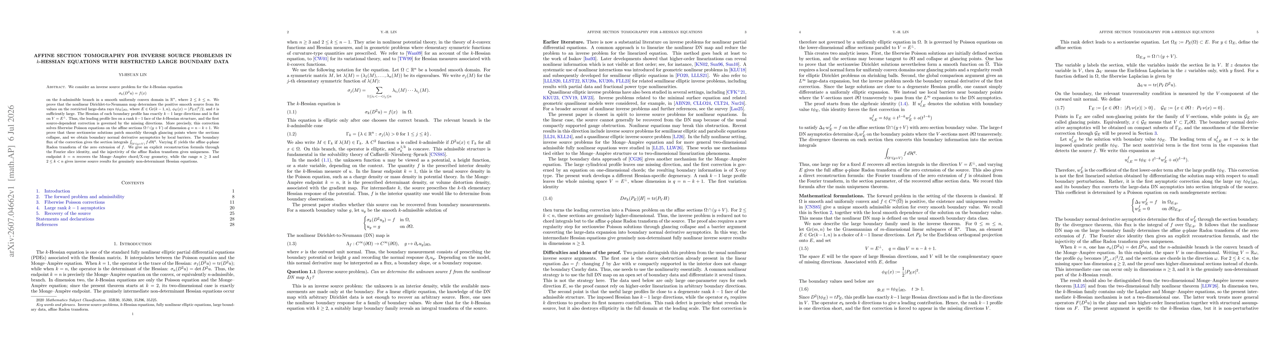 Thumbnail for Affine section tomography for inverse source problems in $k$-Hessian equations with restricted large boundary data
