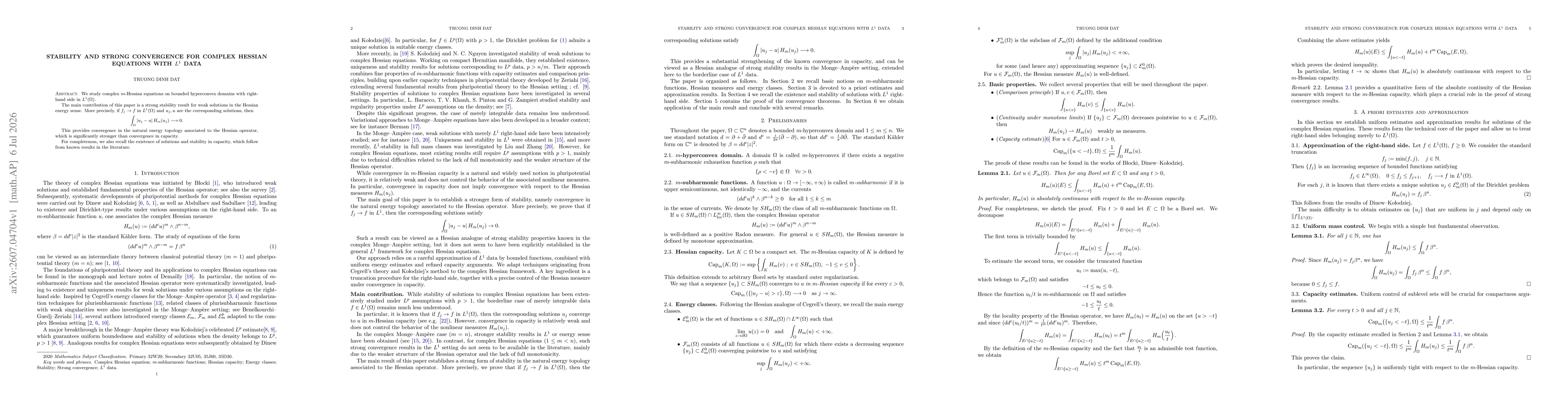 Thumbnail for Stability and strong convergence for complex Hessian equations with $L^1$ data