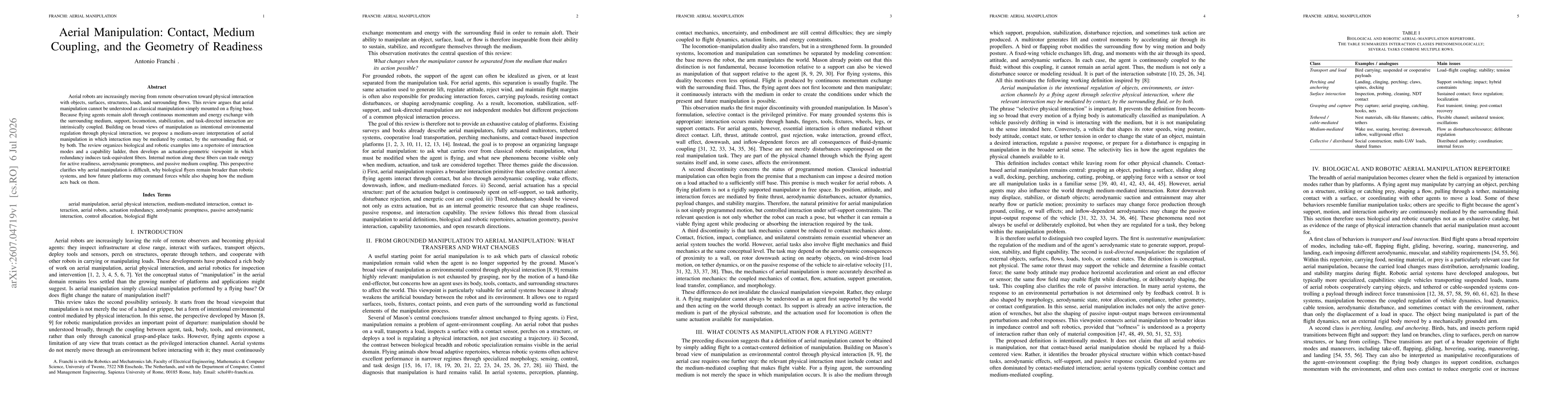 Thumbnail for Aerial Manipulation: Contact, Medium Coupling, and the Geometry of Readiness