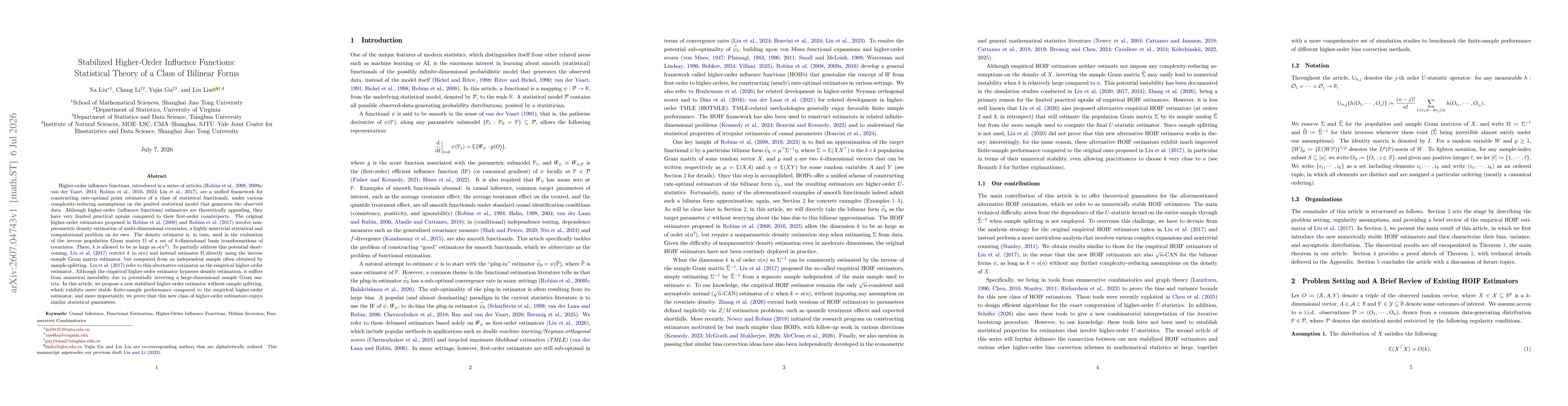 Thumbnail for Stabilized Higher-Order Influence Functions: Statistical Theory of a Class of Bilinear Forms