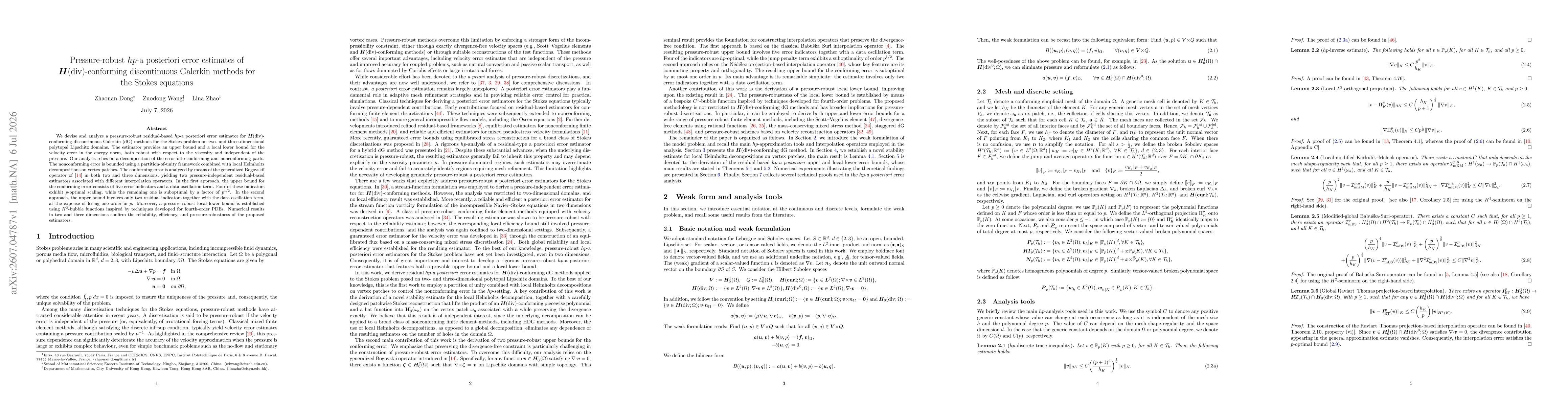 Thumbnail for Pressure-robust $hp$-a posteriori error estimates of $\boldsymbol{H}(\mathrm{div})$-conforming discontinuous Galerkin methods for the Stokes equations