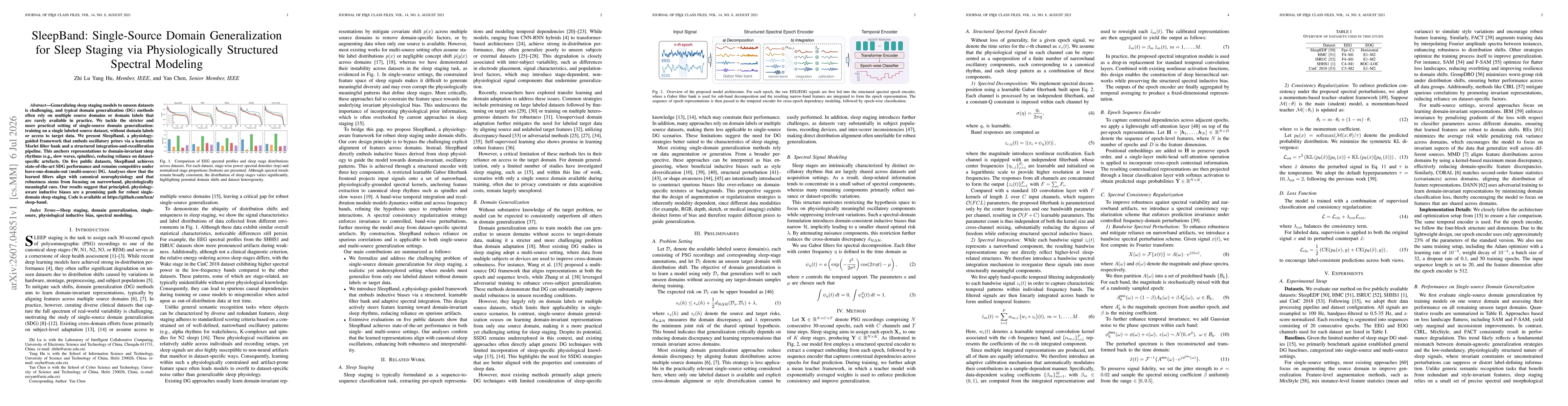 Thumbnail for SleepBand: Single-Source Domain Generalization for Sleep Staging via Physiologically Structured Spectral Modeling