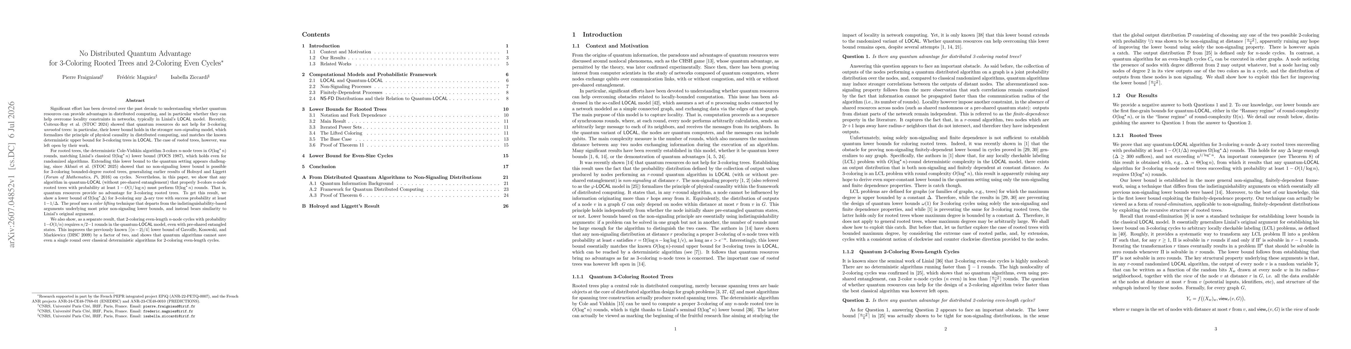 Thumbnail for No Distributed Quantum Advantage for 3-Coloring Rooted Trees and 2-Coloring Even Cycles