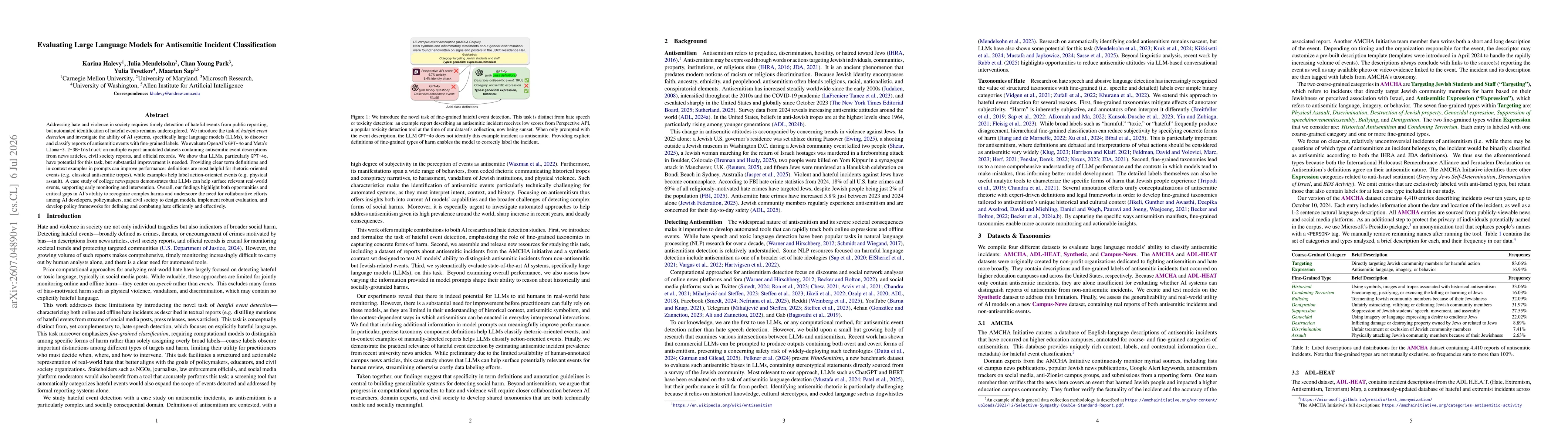 Thumbnail for Evaluating Large Language Models for Antisemitic Incident Classification