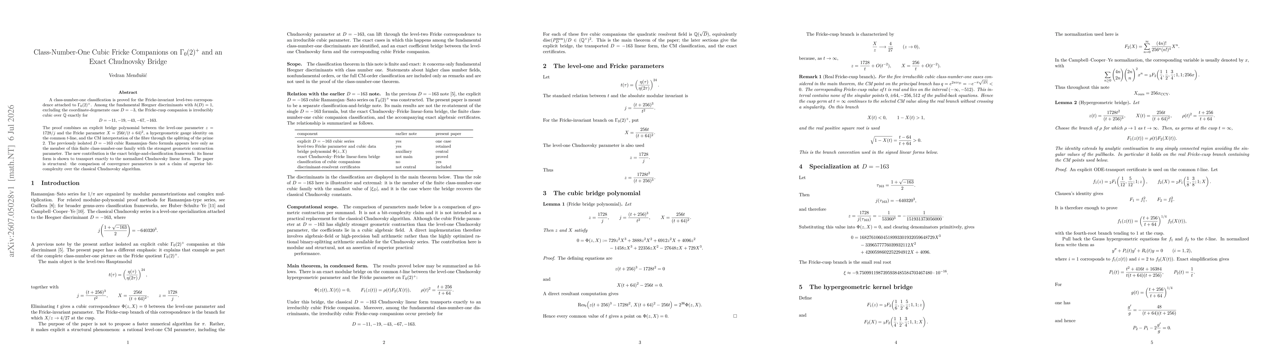 Thumbnail for Class-Number-One Cubic Fricke Companions on $Γ_0(2)^+$ and an Exact Chudnovsky Bridge