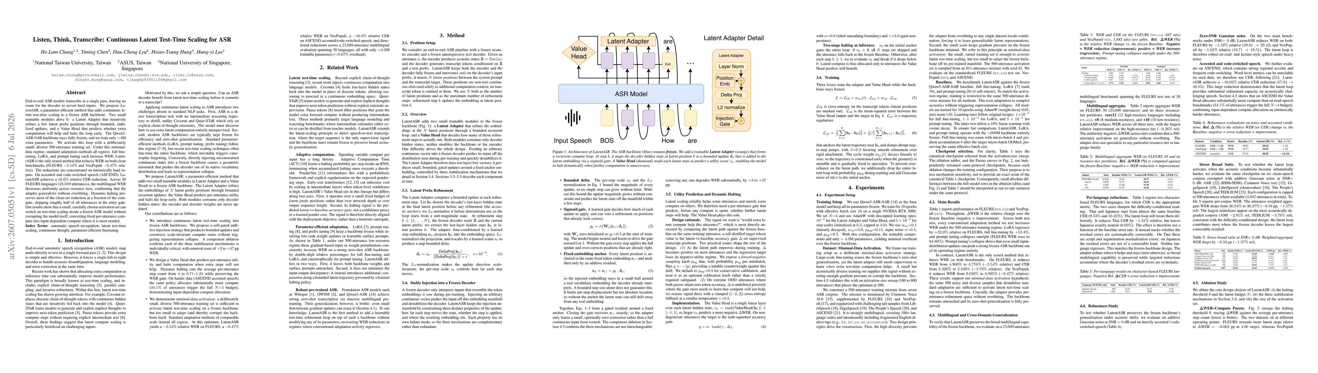 Thumbnail for Listen, Think, Transcribe: Continuous Latent Test-Time Scaling for ASR