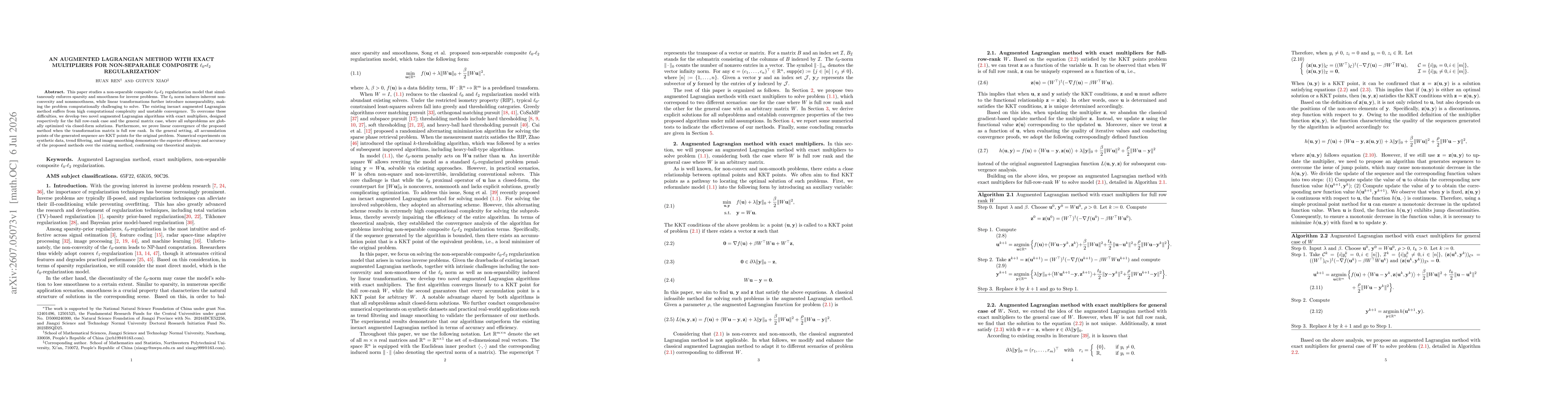 Thumbnail for An augmented Lagrangian method with exact multipliers for non-separable composite $\ell_0$-$\ell_2$ regularization