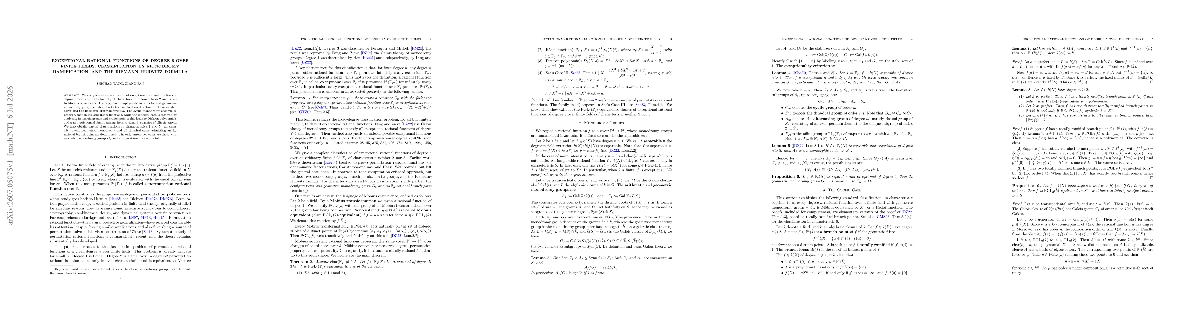 Thumbnail for Exceptional rational functions of degree 5 over finite fields: classification by monodromy, ramification, and the Riemann-Hurwitz formula