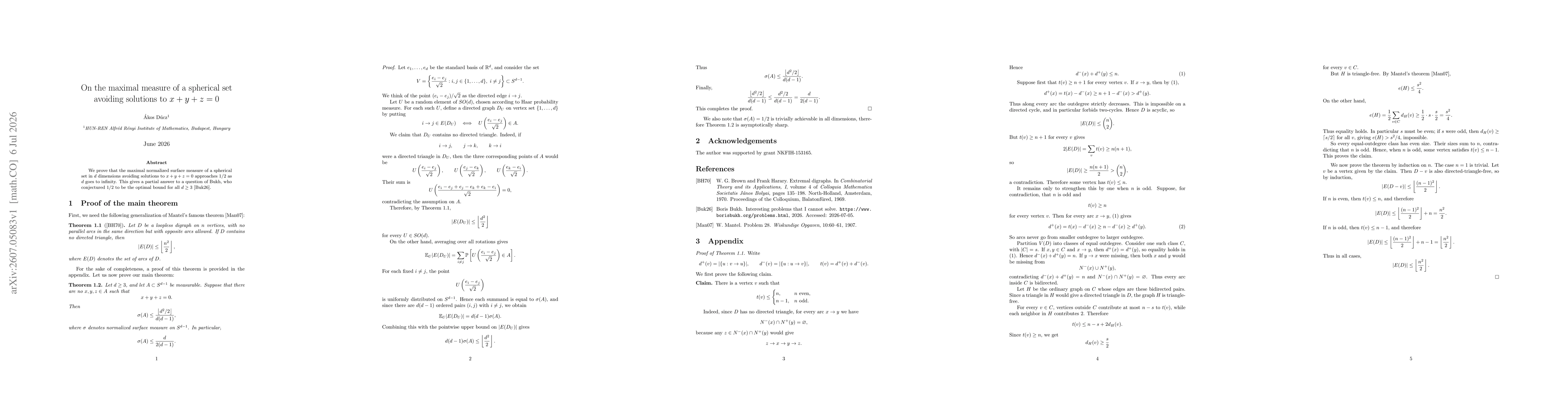 Thumbnail for On the maximal measure of a spherical set avoiding solutions to x + y + z = 0