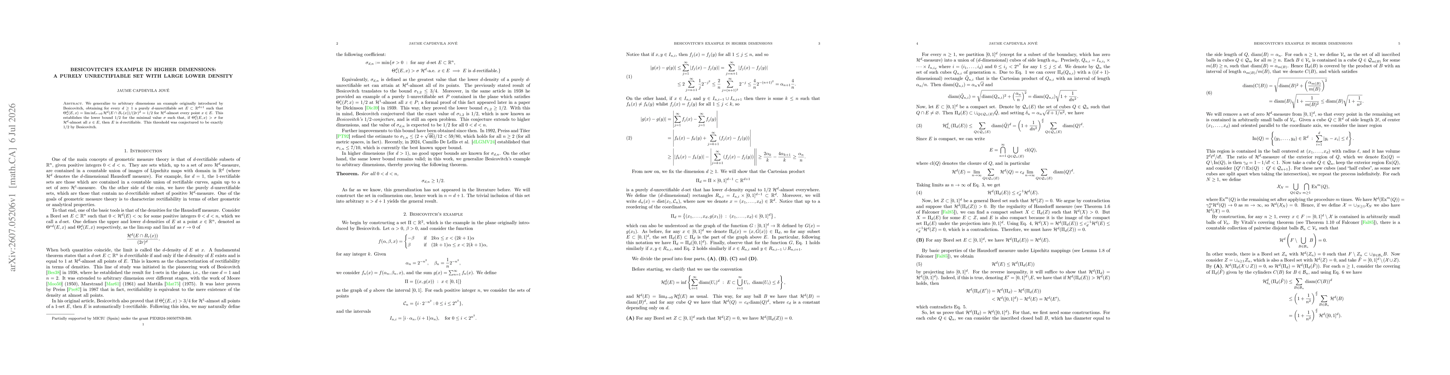 Thumbnail for Besicovitch's example in higher dimensions: a purely unrectifiable set with large lower density