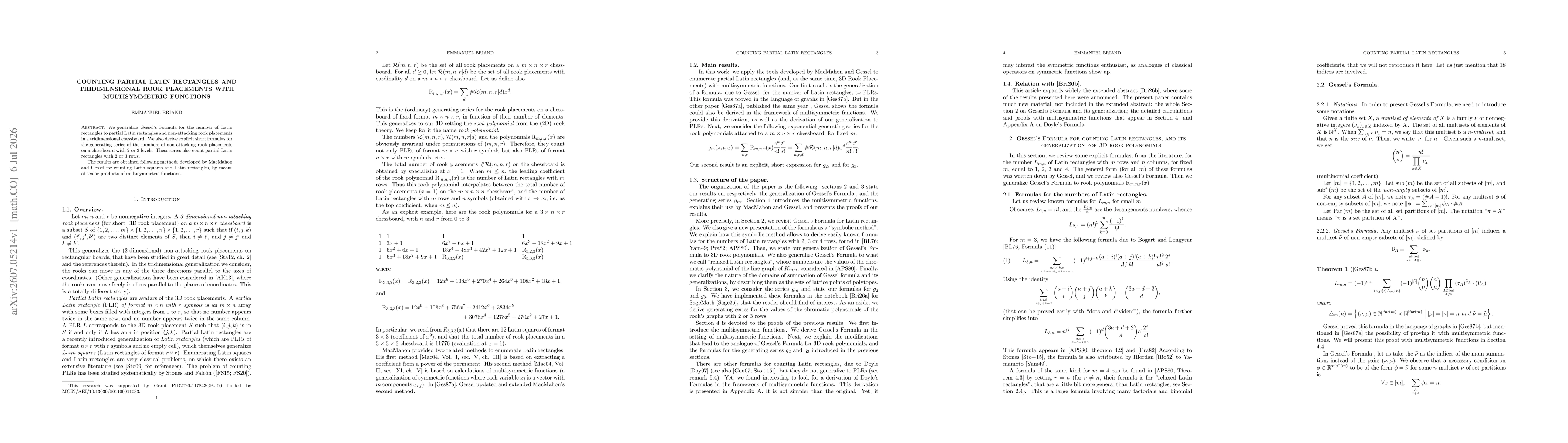 Thumbnail for Counting partial Latin rectangles and tridimensional rook placements with multisymmetric polynomials