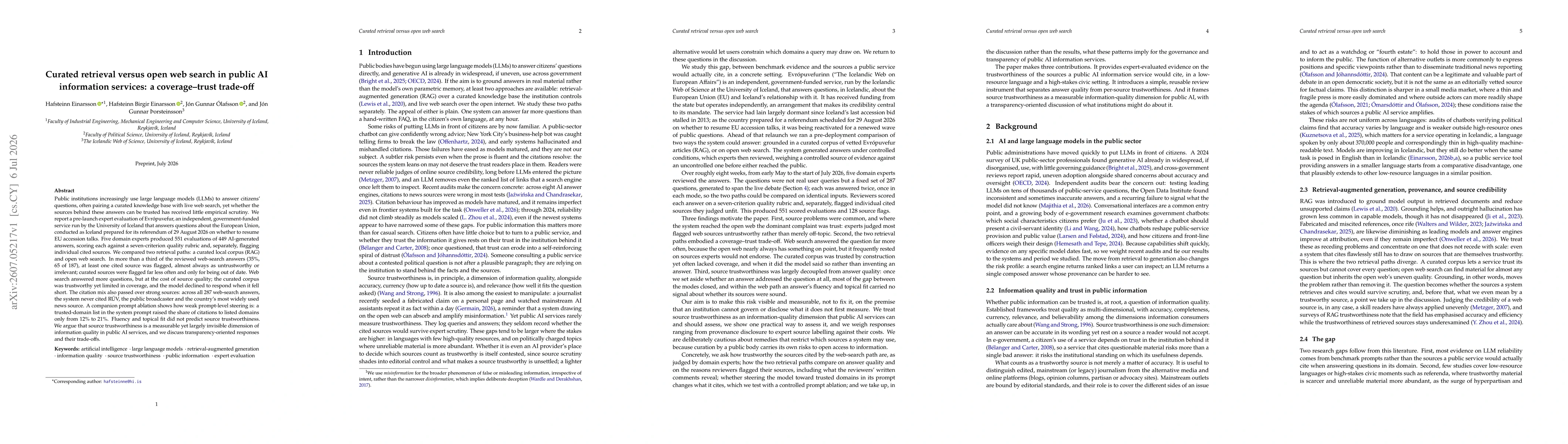 Thumbnail for Curated retrieval versus open web search in public AI information services: a coverage-trust trade-off