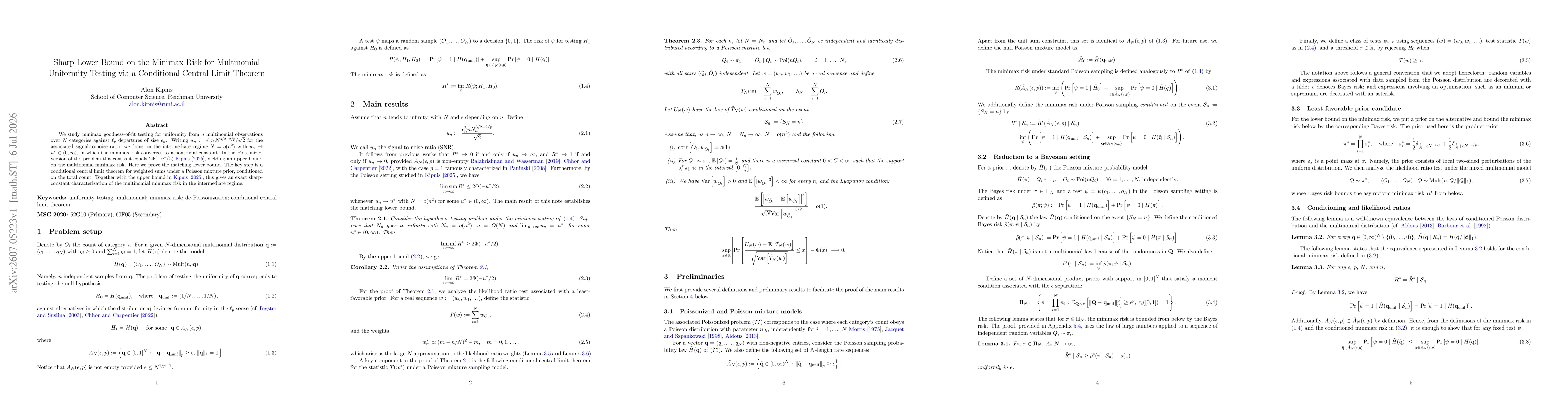Thumbnail for Sharp Lower Bound on the Minimax Risk for Multinomial Uniformity Testing via a Conditional Central Limit Theorem