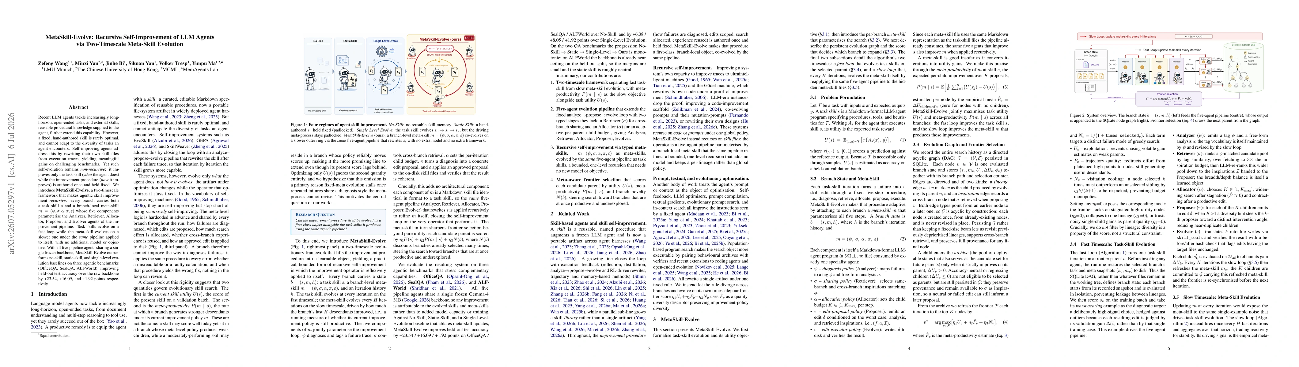 Thumbnail for MetaSkill-Evolve: Recursive Self-Improvement of LLM Agents via Two-Timescale Meta-Skill Evolution