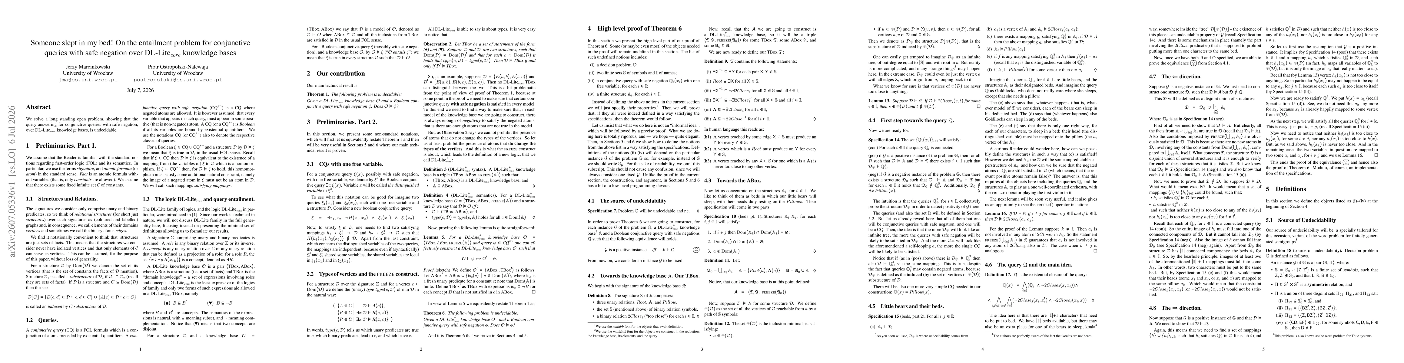 Thumbnail for Someone slept in my bed! On the entailment problem for conjunctive queries with safe negation over DL-Lite$_{core}$ knowledge bases