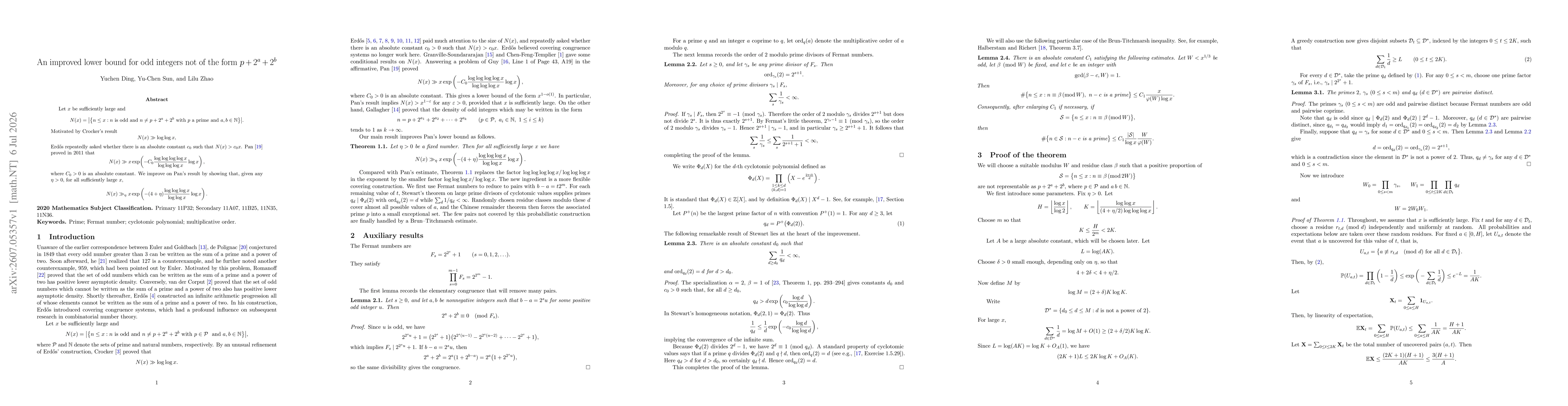 Thumbnail for An improved lower bound for odd integers not of the form $p+2^a+2^b$