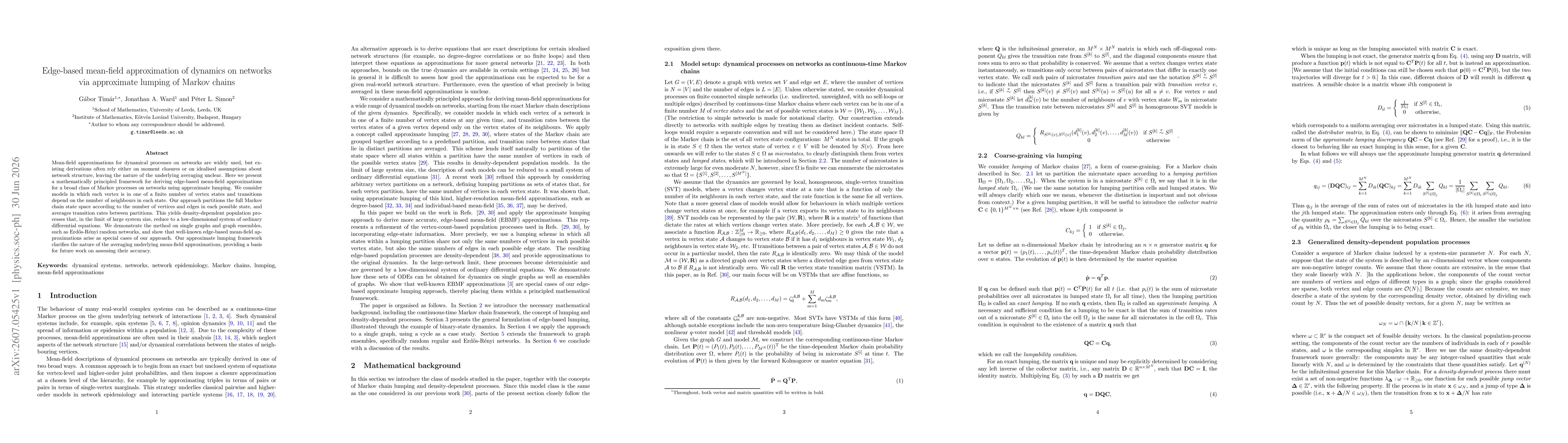 Thumbnail for Edge-based mean-field approximation of dynamics on networks via approximate lumping of Markov chains