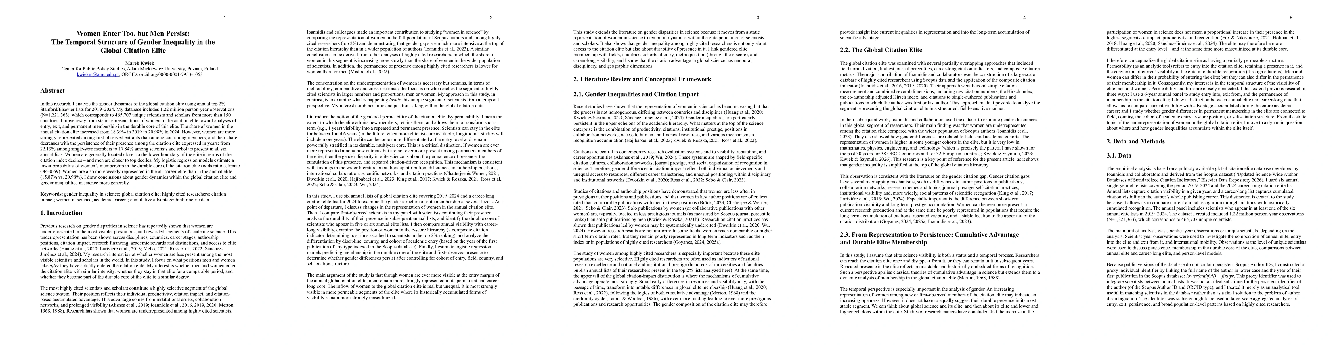 Thumbnail for Women Enter Too, but Men Persist:The Temporal Structure of Gender Inequality in the Global Citation Elite