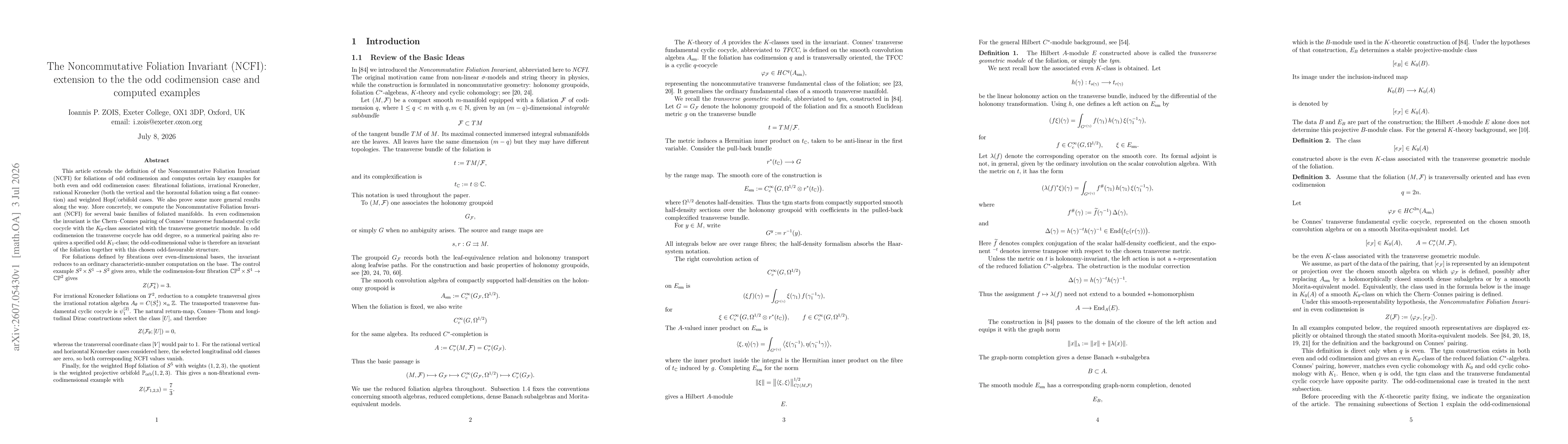 Thumbnail for The Noncommutative Foliation Invariant (NCFI): extension to the the odd codimension case and computed examples