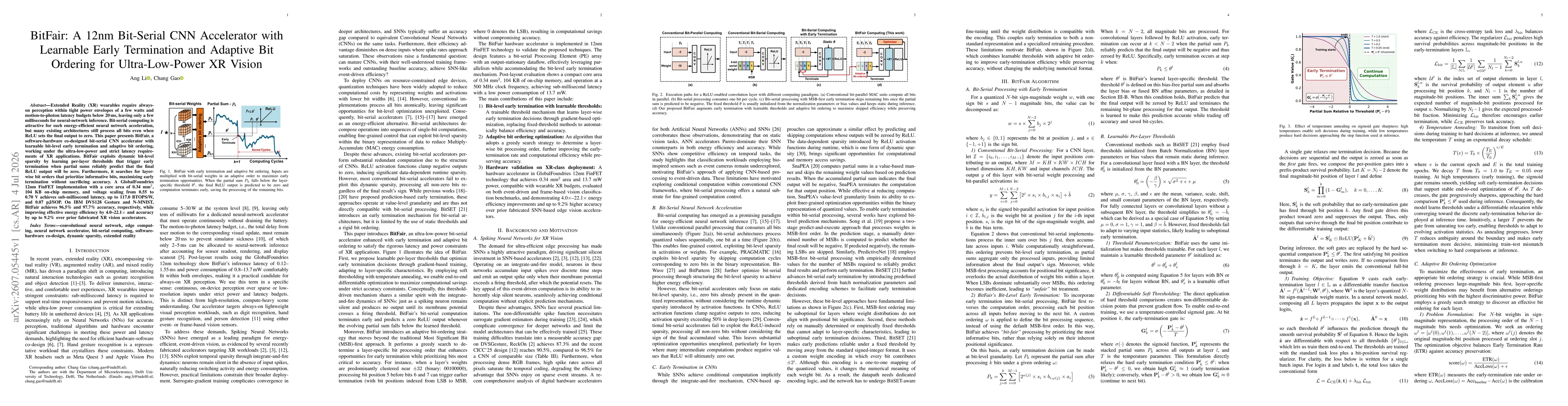 Thumbnail for BitFair: A 12nm Bit-Serial CNN Accelerator with Learnable Early Termination and Adaptive Bit Ordering for Ultra-Low-Power XR Vision