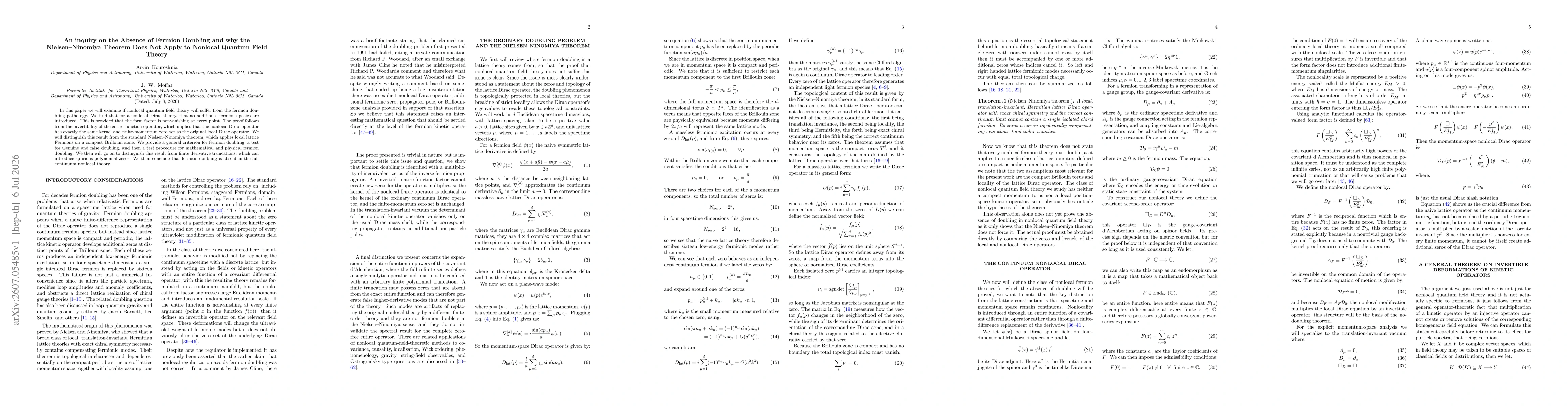 Thumbnail for An inquiry on the Absence of Fermion Doubling and why the Nielsen-Ninomiya Theorem Does Not Apply to Nonlocal Quantum Field Theory