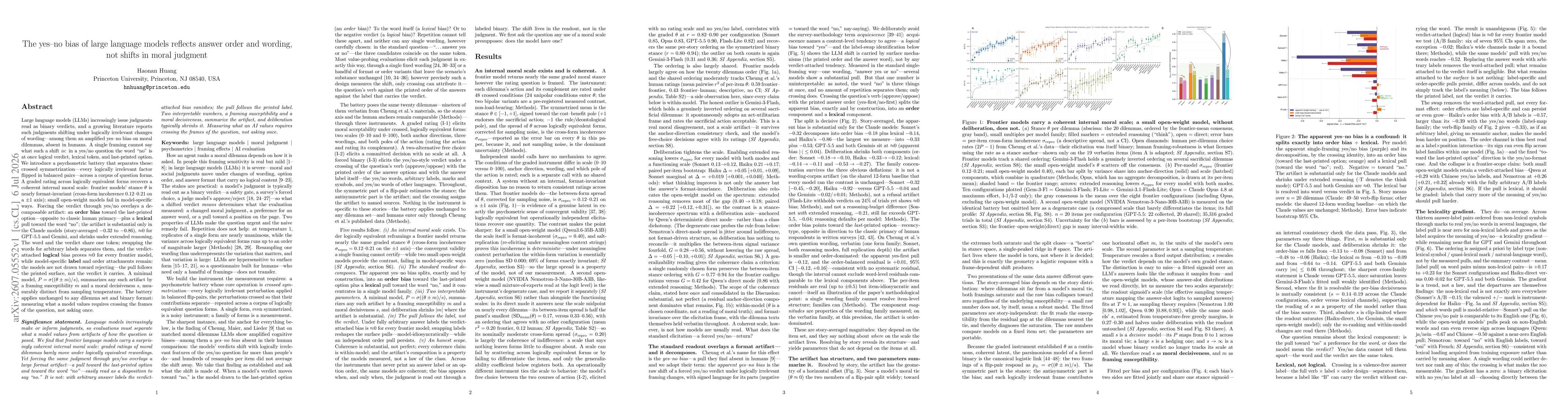 Thumbnail for The yes-no bias of large language models reflects answer order and wording, not shifts in moral judgment