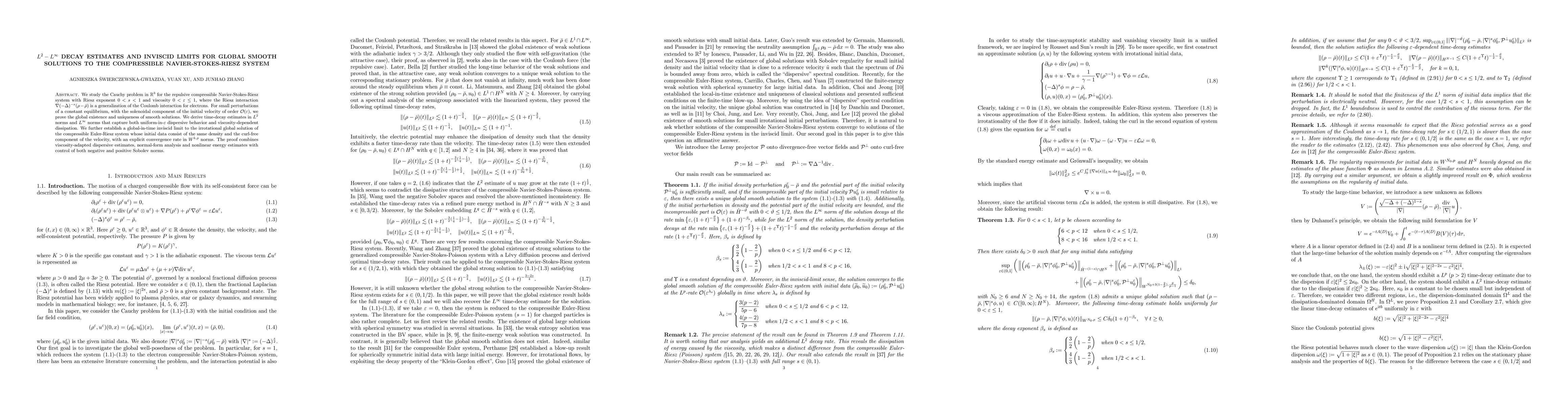 Thumbnail for $L^{2}-L^{\infty}$ decay estimates and inviscid limits for Global smooth solutions to the compressible Navier-Stokes-Riesz system