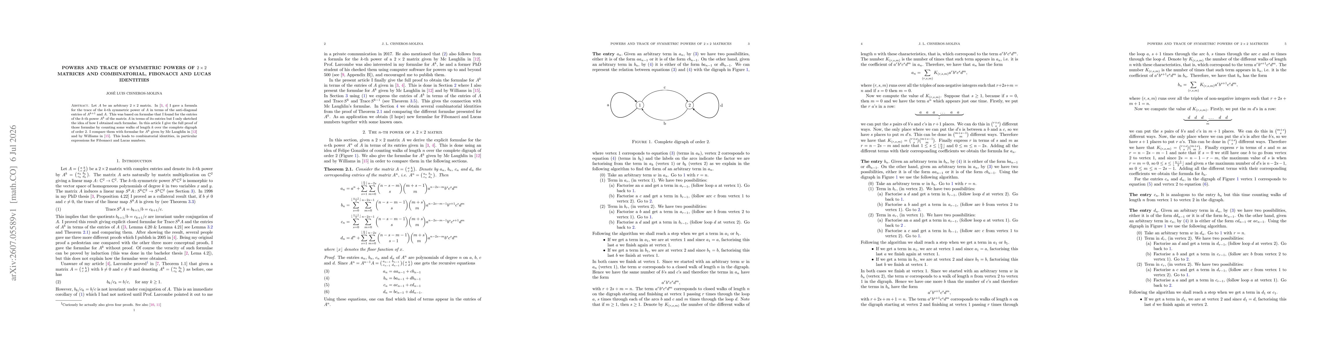Thumbnail for Powers and trace of symmetric powers of $2\times 2$ matrices and combinatorial, Fibonacci and Lucas identities