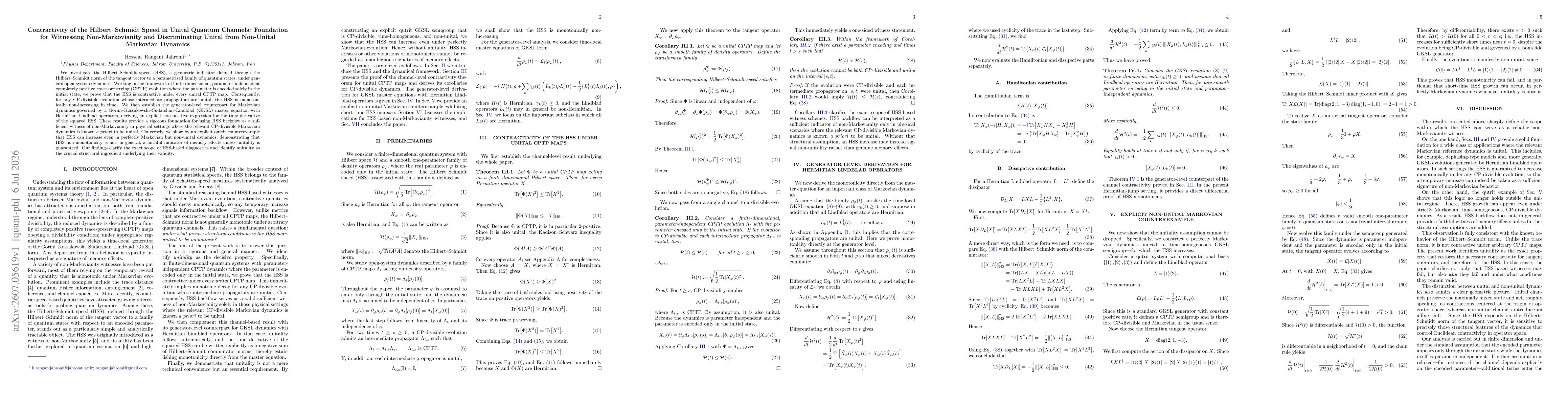 Thumbnail for Contractivity of the Hilbert--Schmidt Speed in Unital Quantum Channels: Foundation for Witnessing Non-Markovianity and Discriminating Unital from Non-Unital Markovian Dynamics
