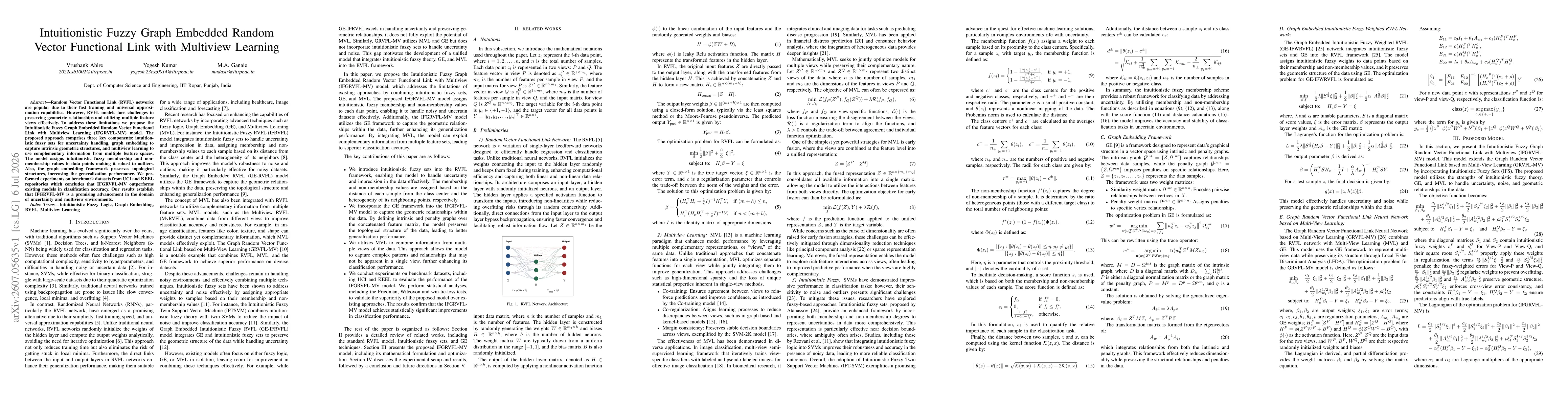 Thumbnail for Intuitionistic Fuzzy Graph Embedded Random Vector Functional Link with Multiview Learning