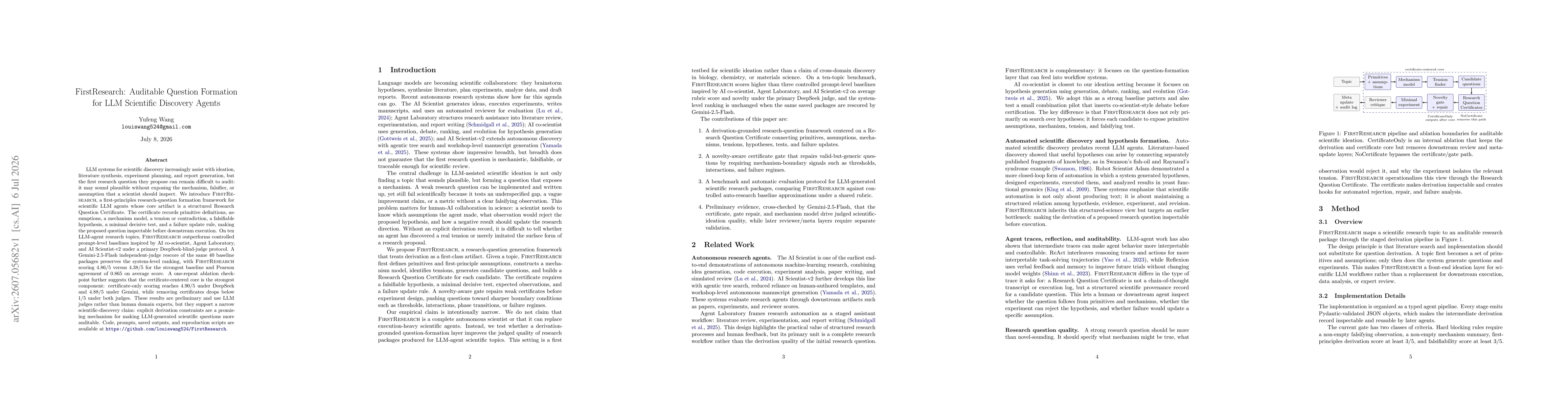 Thumbnail for FirstResearch: Auditable Question Formation for LLM Scientific Discovery Agents