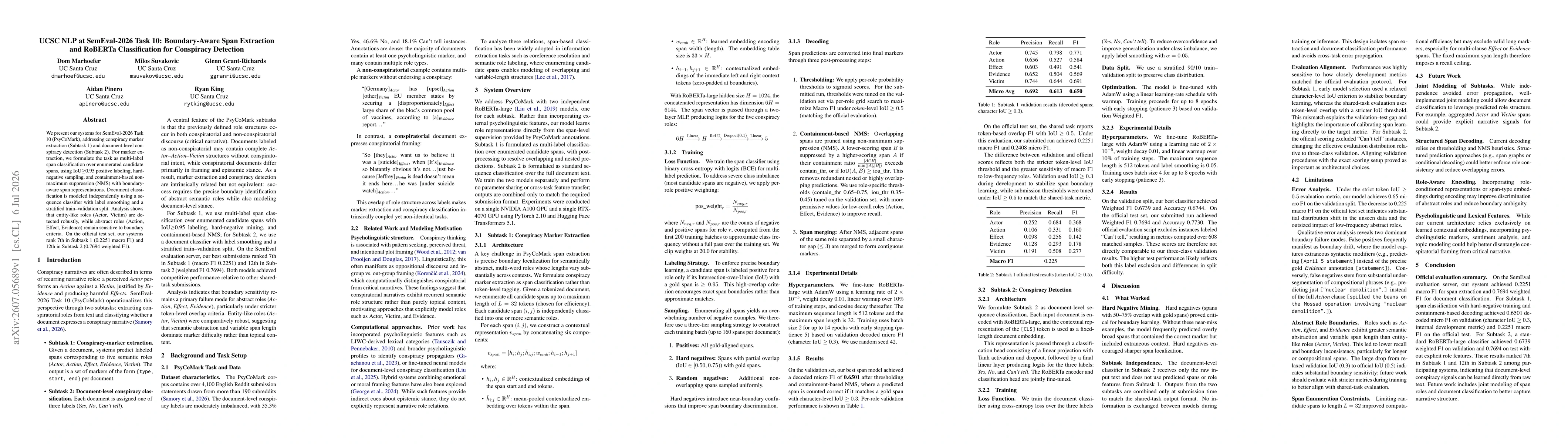 Thumbnail for UCSC NLP at SemEval-2026 Task 10: Boundary-Aware Span Extraction and RoBERTa Classification for Conspiracy Detection