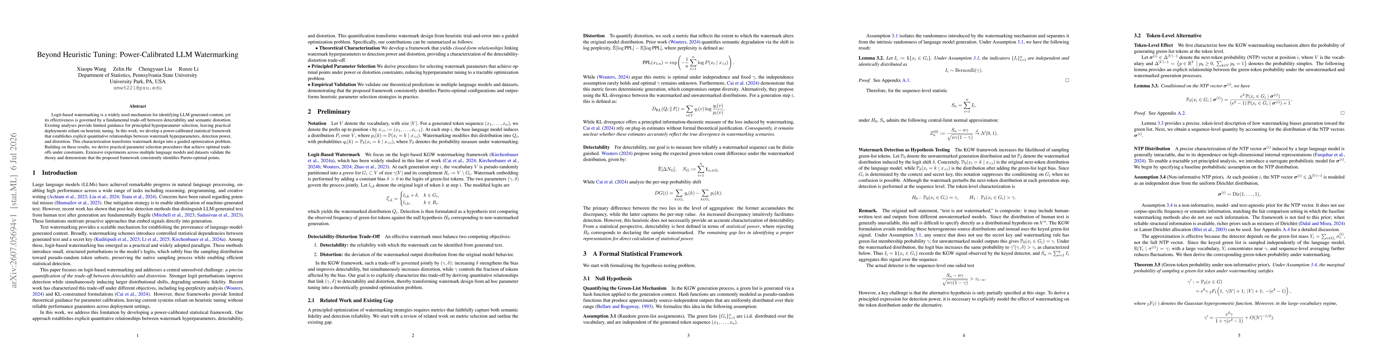 Thumbnail for Beyond Heuristic Tuning: Power-Calibrated LLM Watermarking
