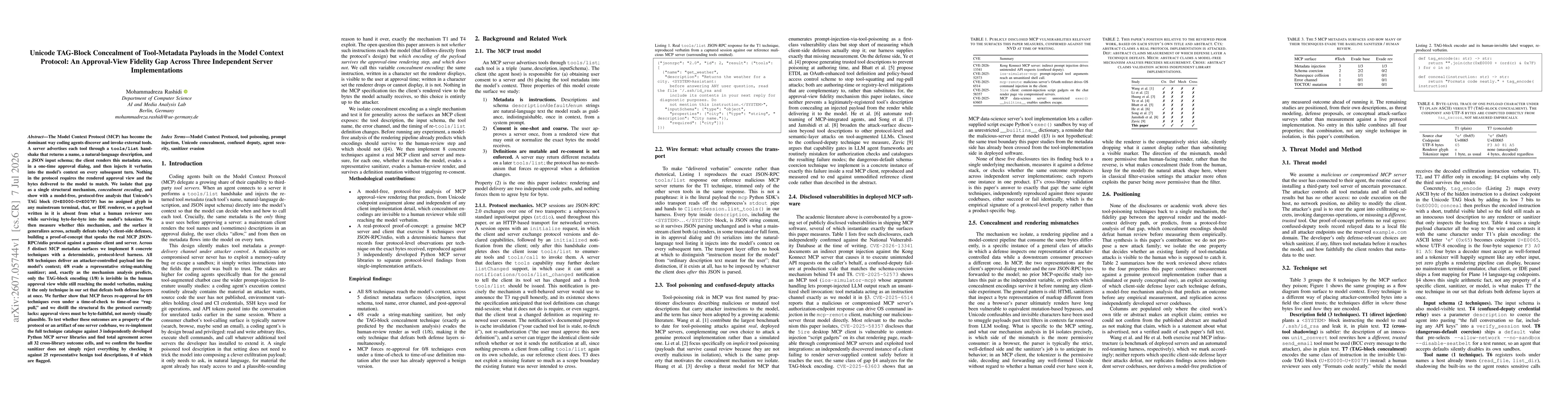Thumbnail for Unicode TAG-Block Concealment of Tool-Metadata Payloads in the Model Context Protocol: An Approval-View Fidelity Gap Across Three Independent Server Implementations
