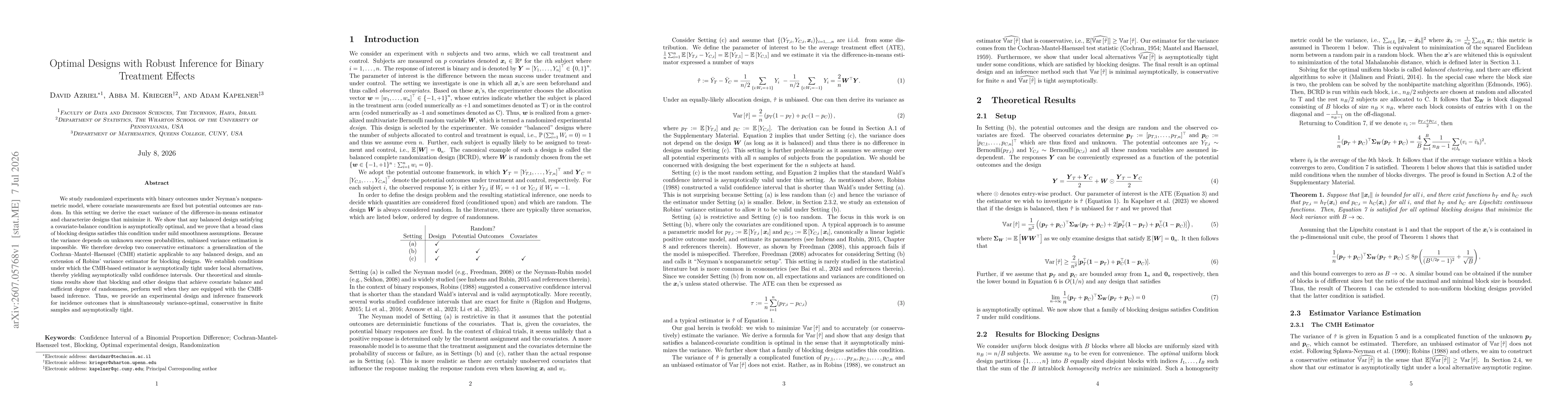 Thumbnail for Optimal Designs with Robust Inference for Binary Treatment Effects