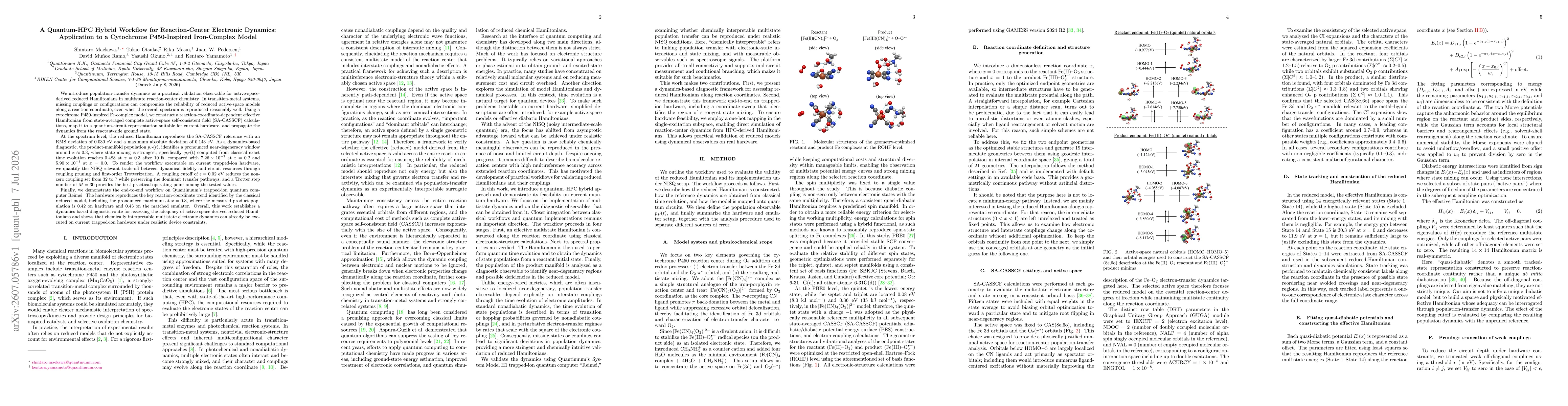 Thumbnail for A Quantum-HPC Hybrid Workflow for Reaction-Center Electronic Dynamics: Application to a Cytochrome P450-Inspired Iron-Complex Model