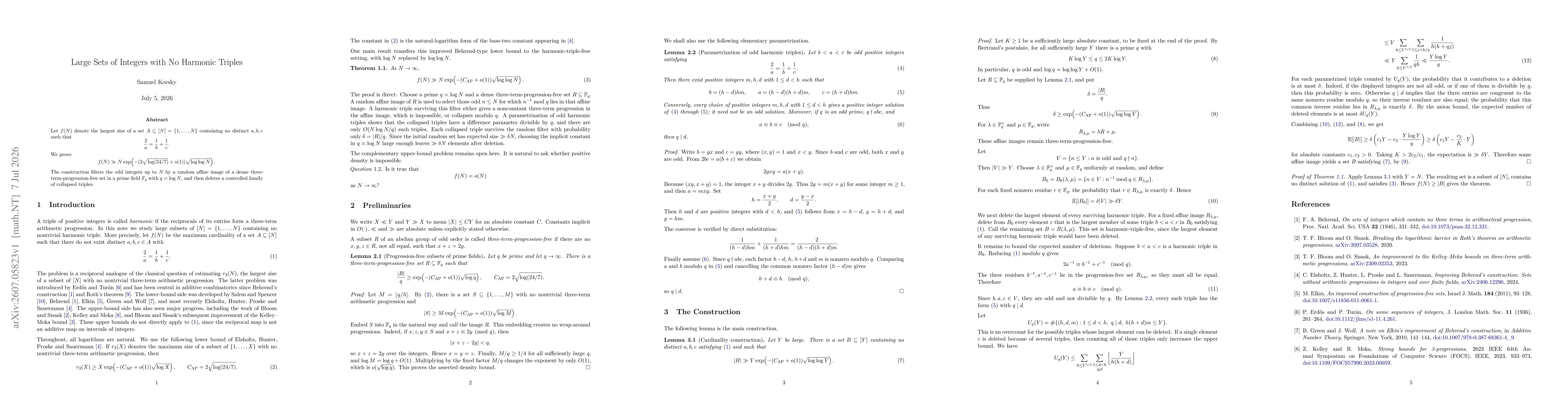 Thumbnail for Large Sets of Integers with No Harmonic Triples