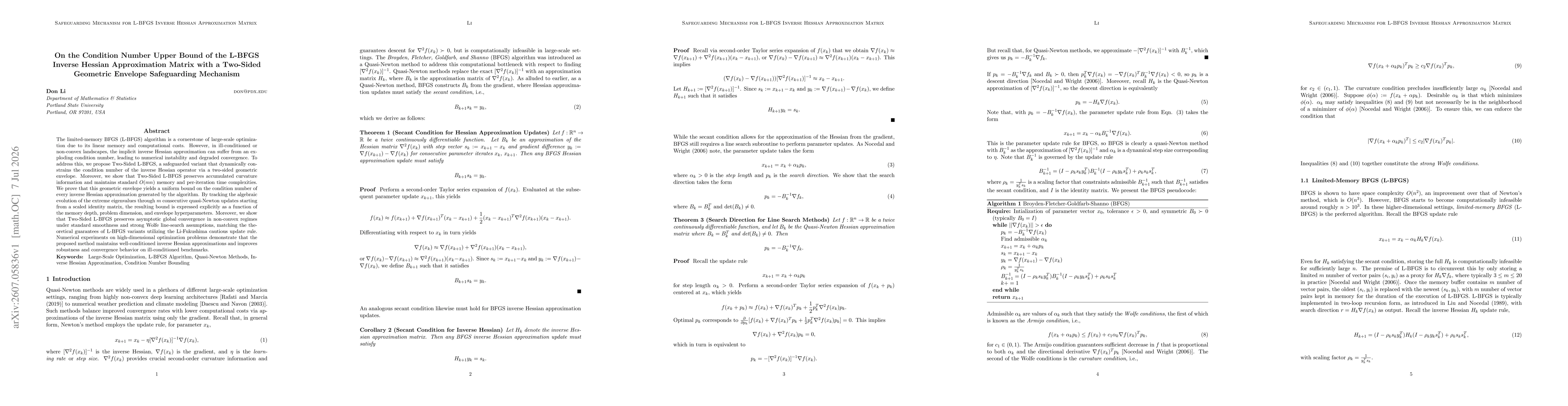 Thumbnail for On the Condition Number Upper Bound of the L-BFGS Inverse Hessian Approximation Matrix with a Two-Sided Geometric Envelope Safeguarding Mechanism