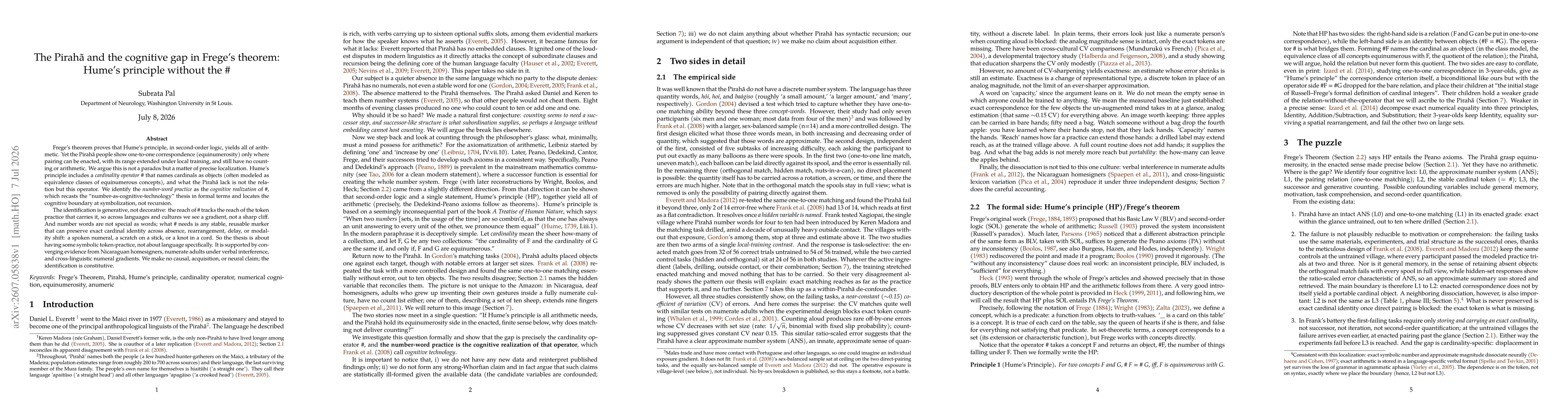 Thumbnail for The Pirahã and the cognitive gap in Frege's theorem: Hume's principle without the #